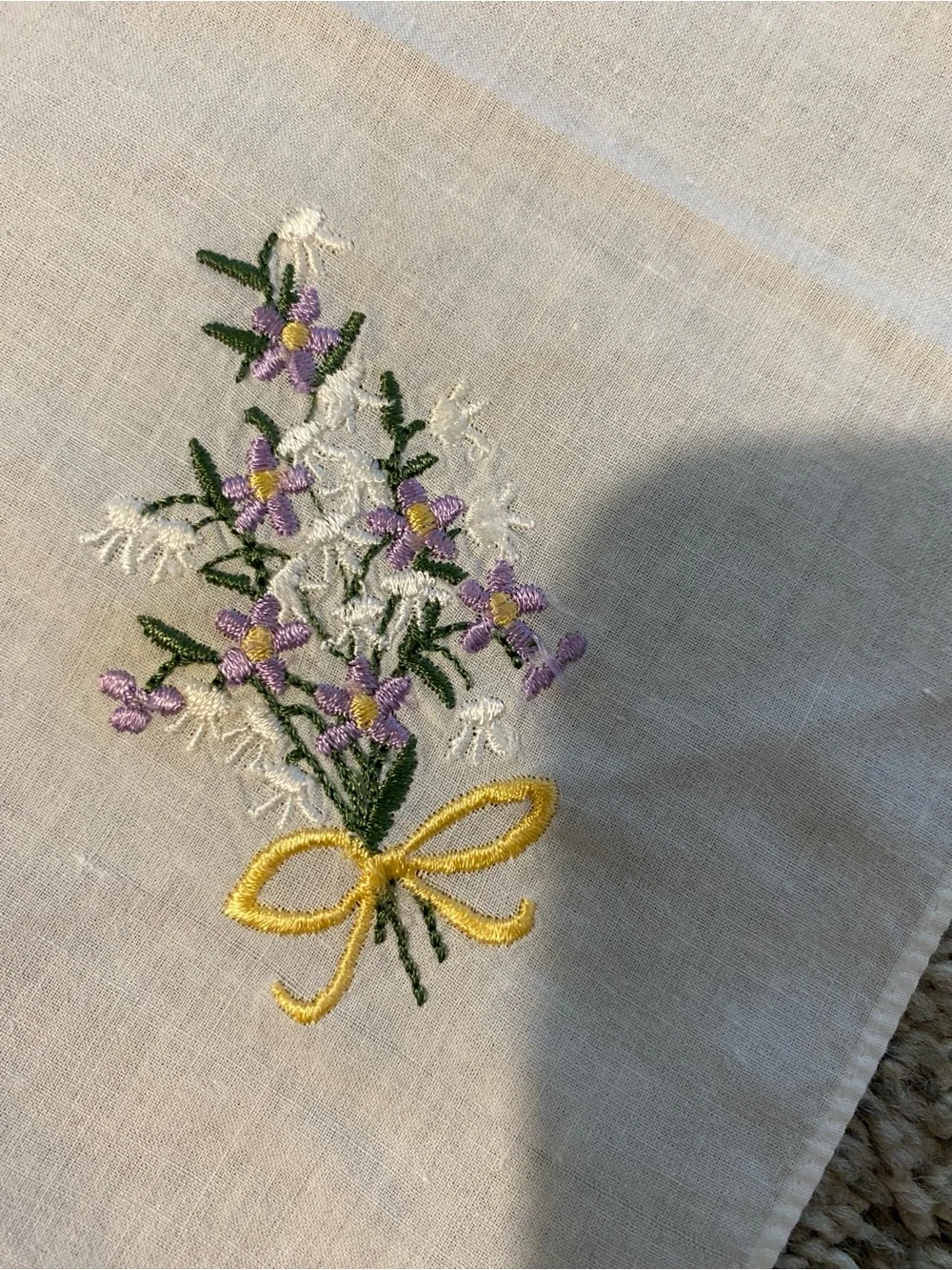 Vintage Cream Handkerchief with Lavender Embroidery and Yellow Bow